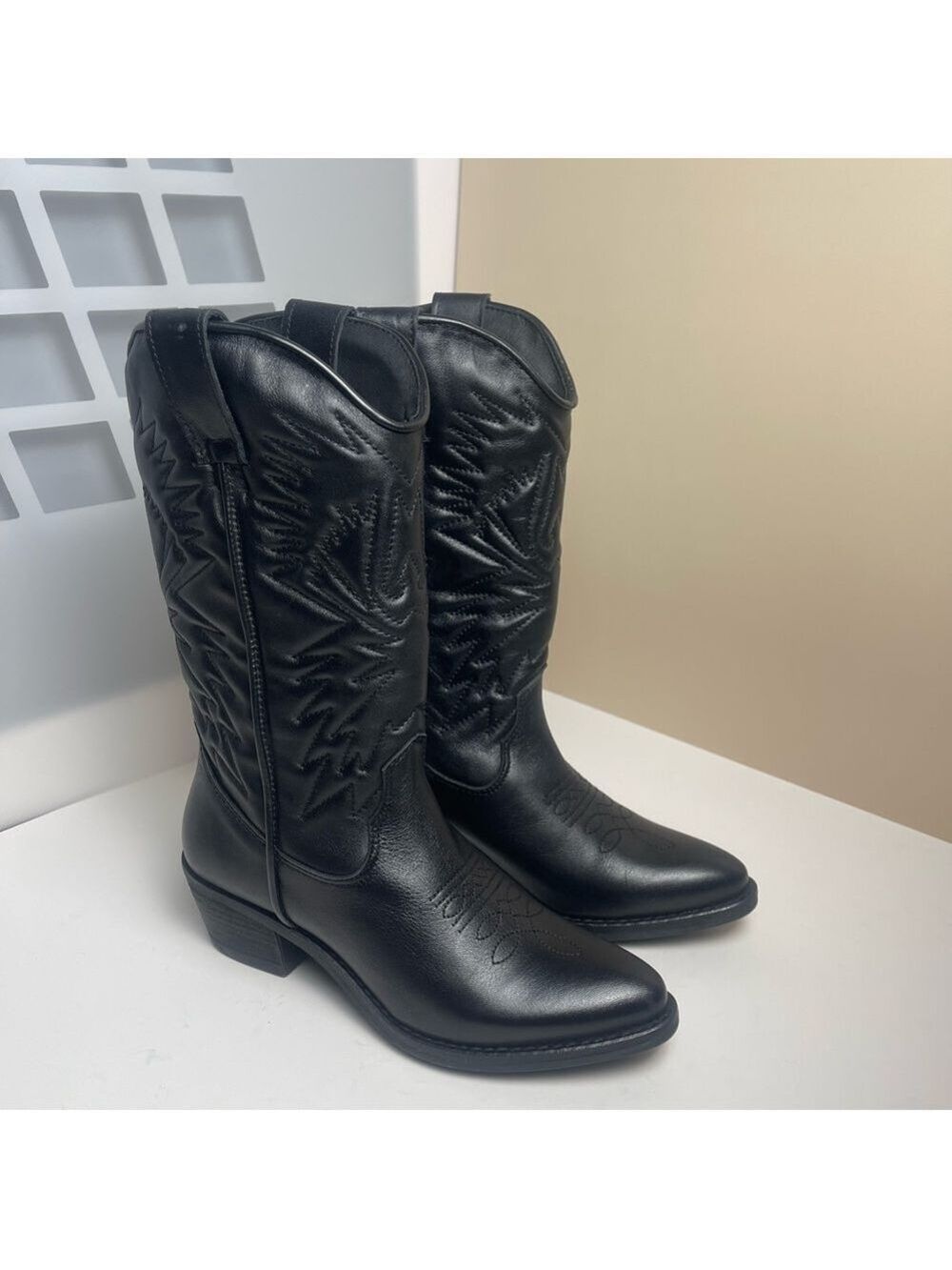 Steve Madden HAYWARD BLACK LEATHER boots Western Cowboy Boots Cowgirl Sz 6.5 - Picture 3 of 12